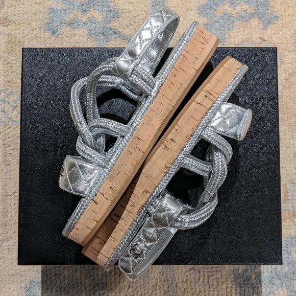 šSOLD CHANELš¤©20S CC Lambskin Cord Rope Logo Dad Sandals in Silver Sz 39 - Picture 9 of 16
